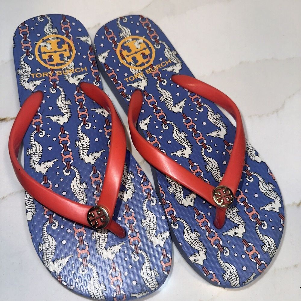 TORY BURCH FLIP FLOP/THONG SANDALS Size 5M POPPY RED/SEAHORSE PRINT